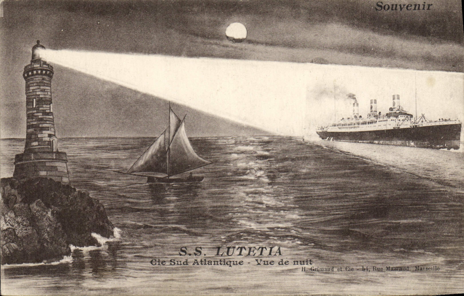 Vintage Postcard Boat SS Southern Lutetia Co Atlantic Sight of night