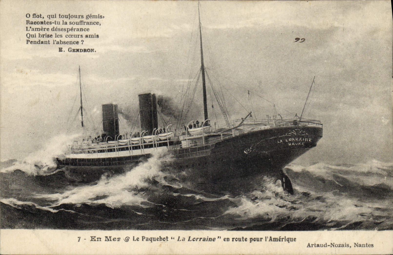 Postal Barco en el mar el paquebote Lorena en marcha para América