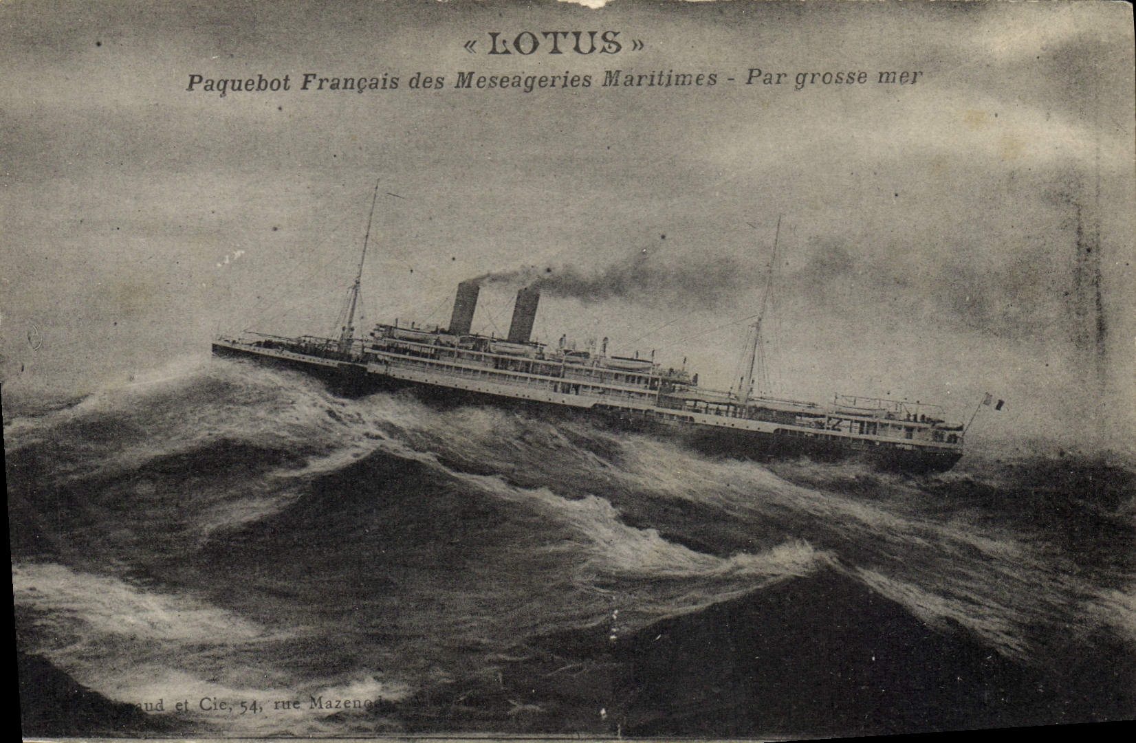 Vintage Postcard Boat Lotus French Steamer of the Shipping company by heavy sea
