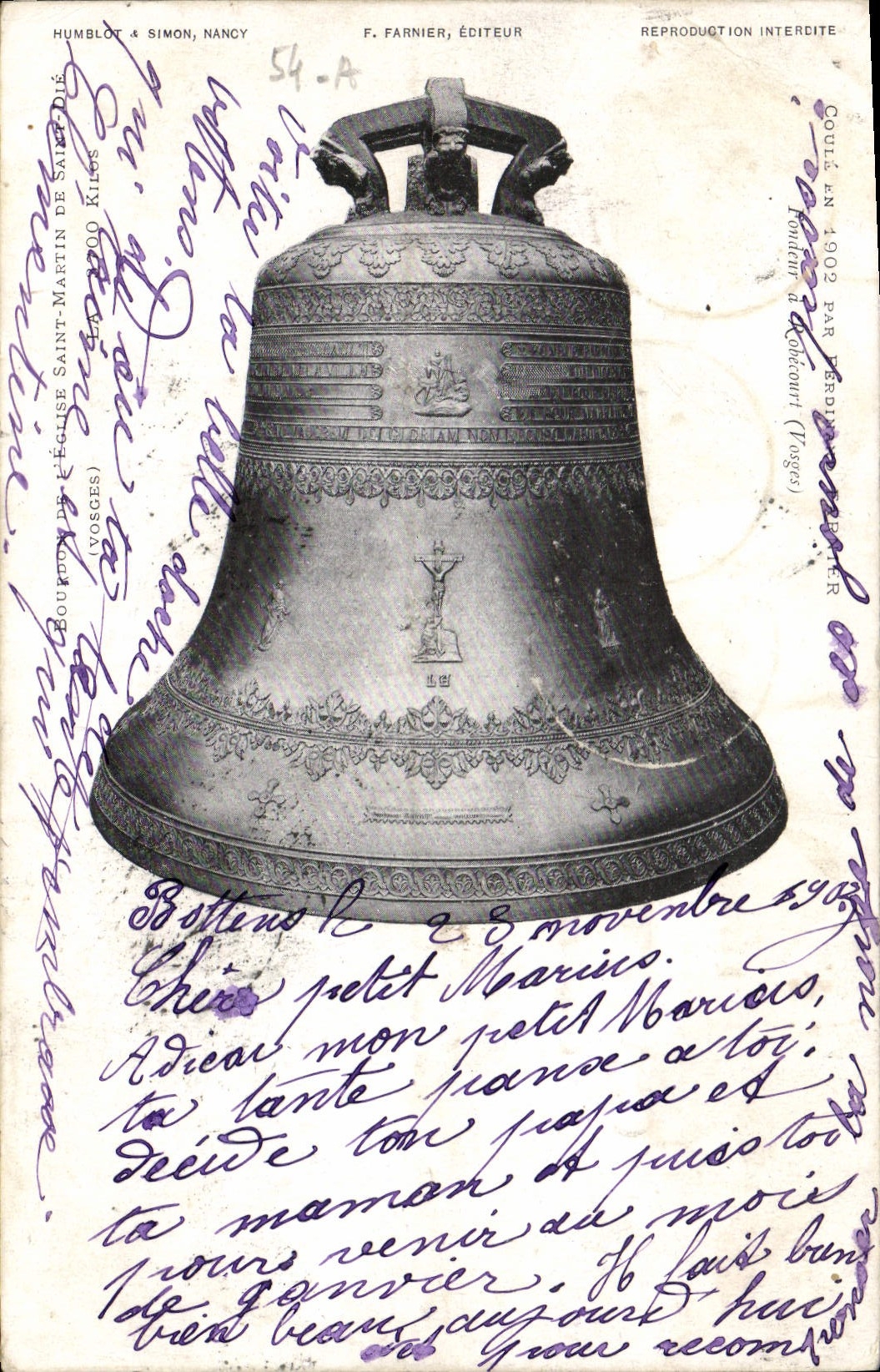 Vintage Postcard Bell Holy Bumblebee of the church Martin de Saint Die the Vosges