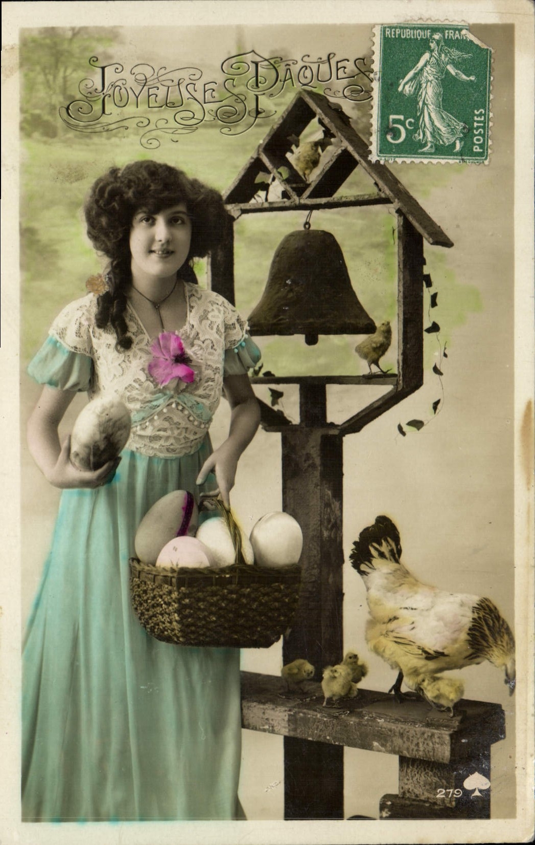 Vintage Postcard Bell Woman Hen