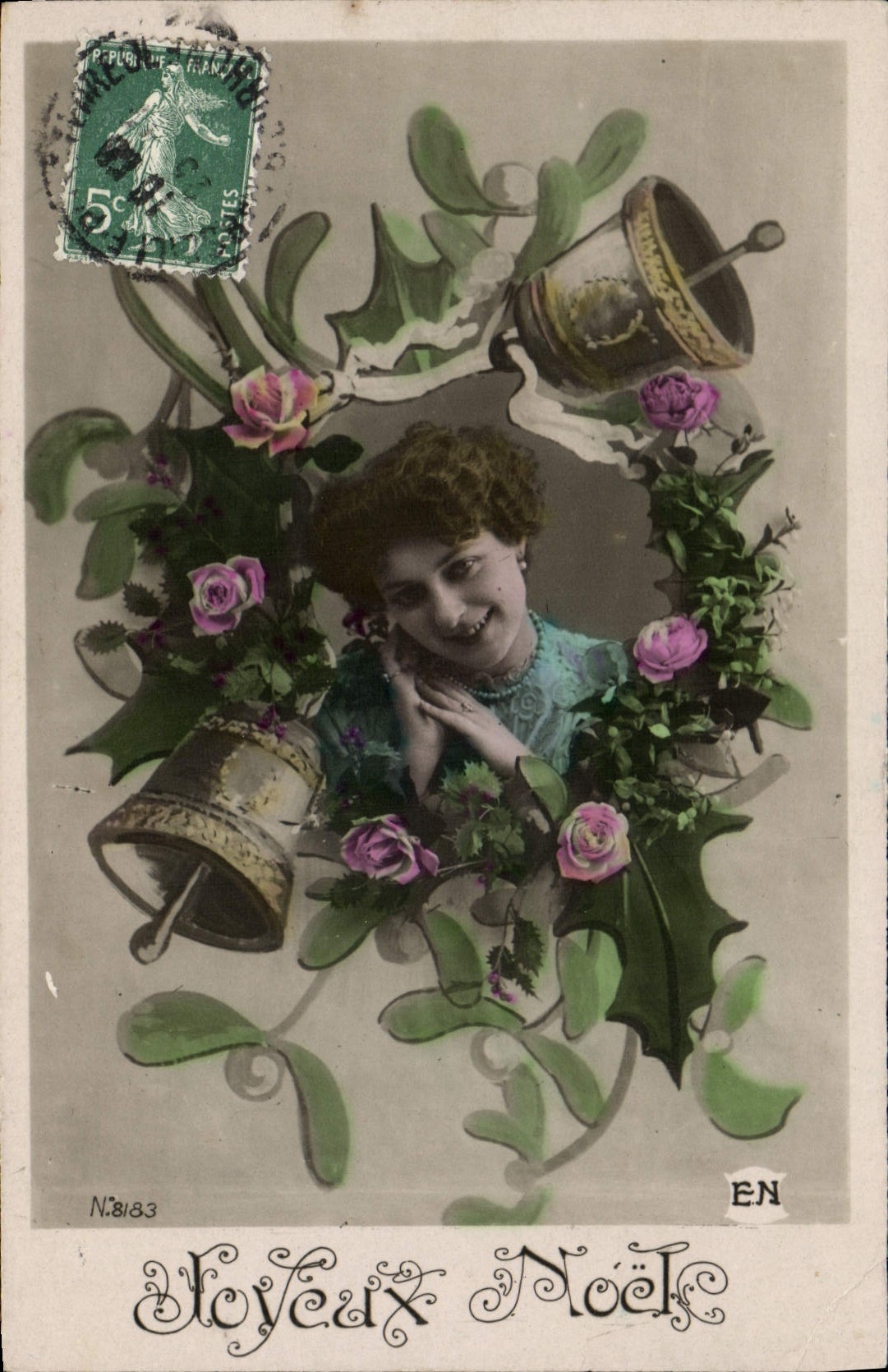 Vintage Postcard Bell Woman Christmas