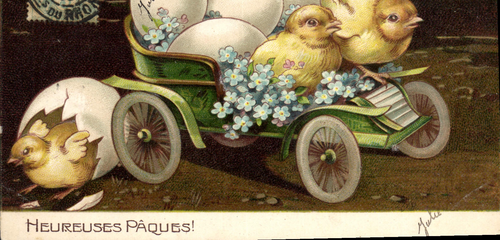 Automobile Vintage Postcard Fantasy Flowers Chicks