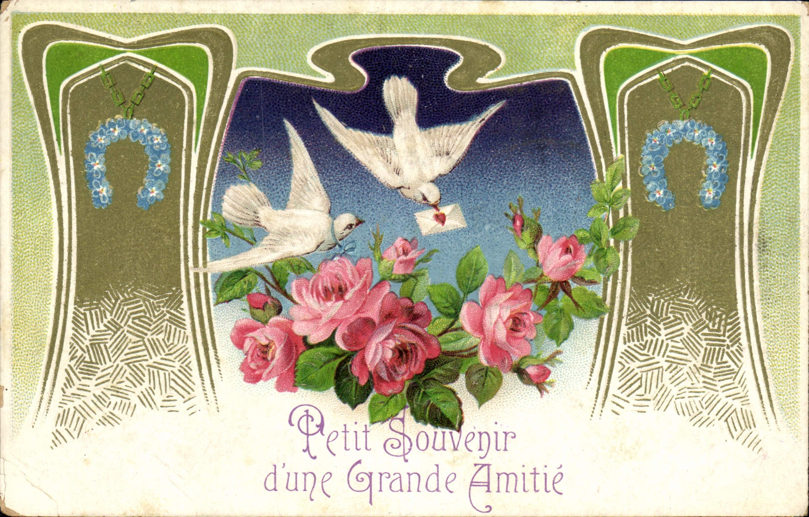 Vintage Postcard Fantaisie Flowers Doves Horseshoe