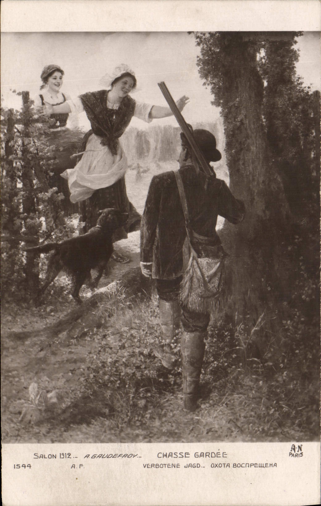 CPA Chasse Salon 1912 Gaudefroy Chasse gardee Chien Femmes 