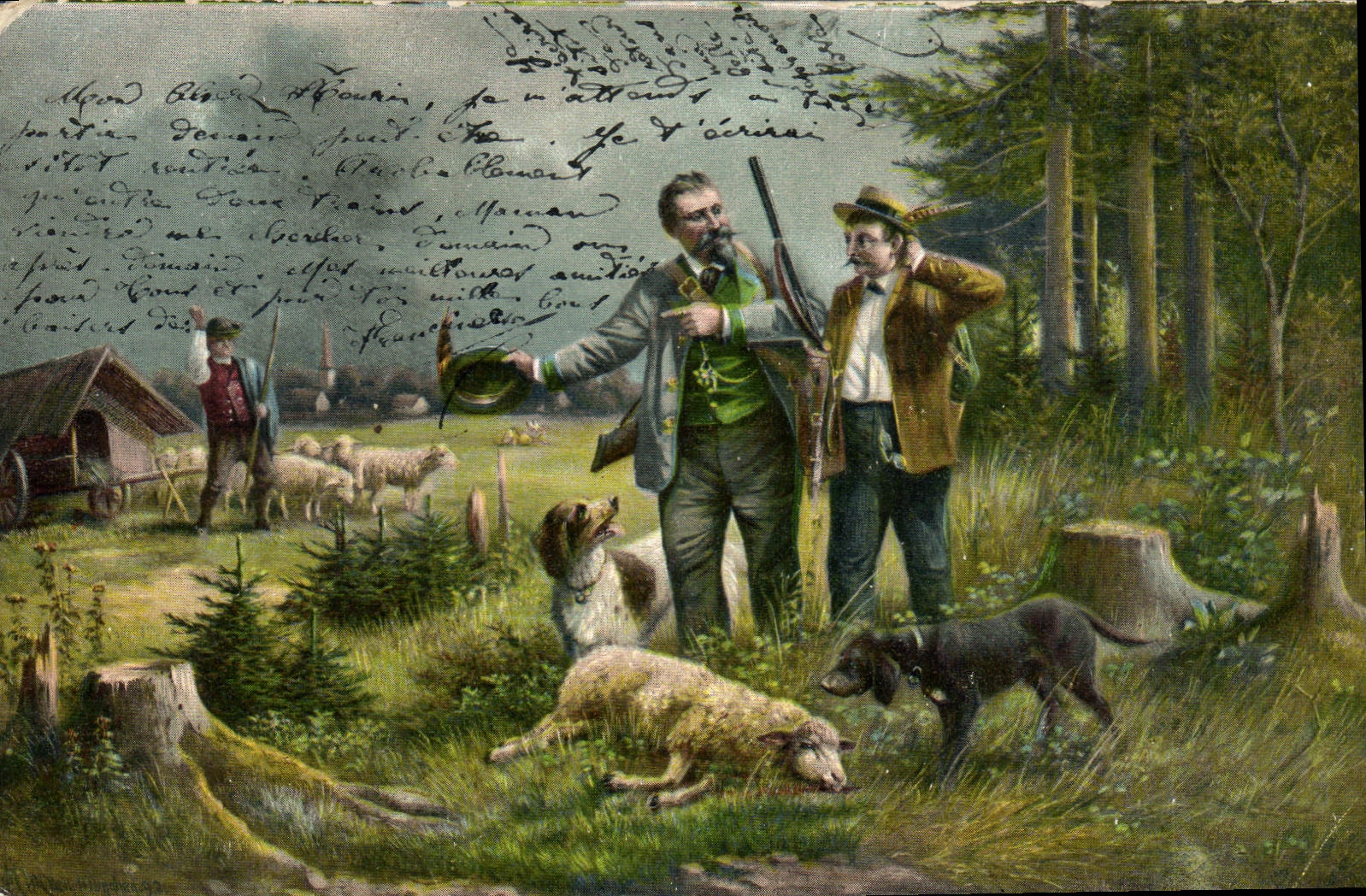 Vintage Postcard Drives out Hunters Dog Sheep