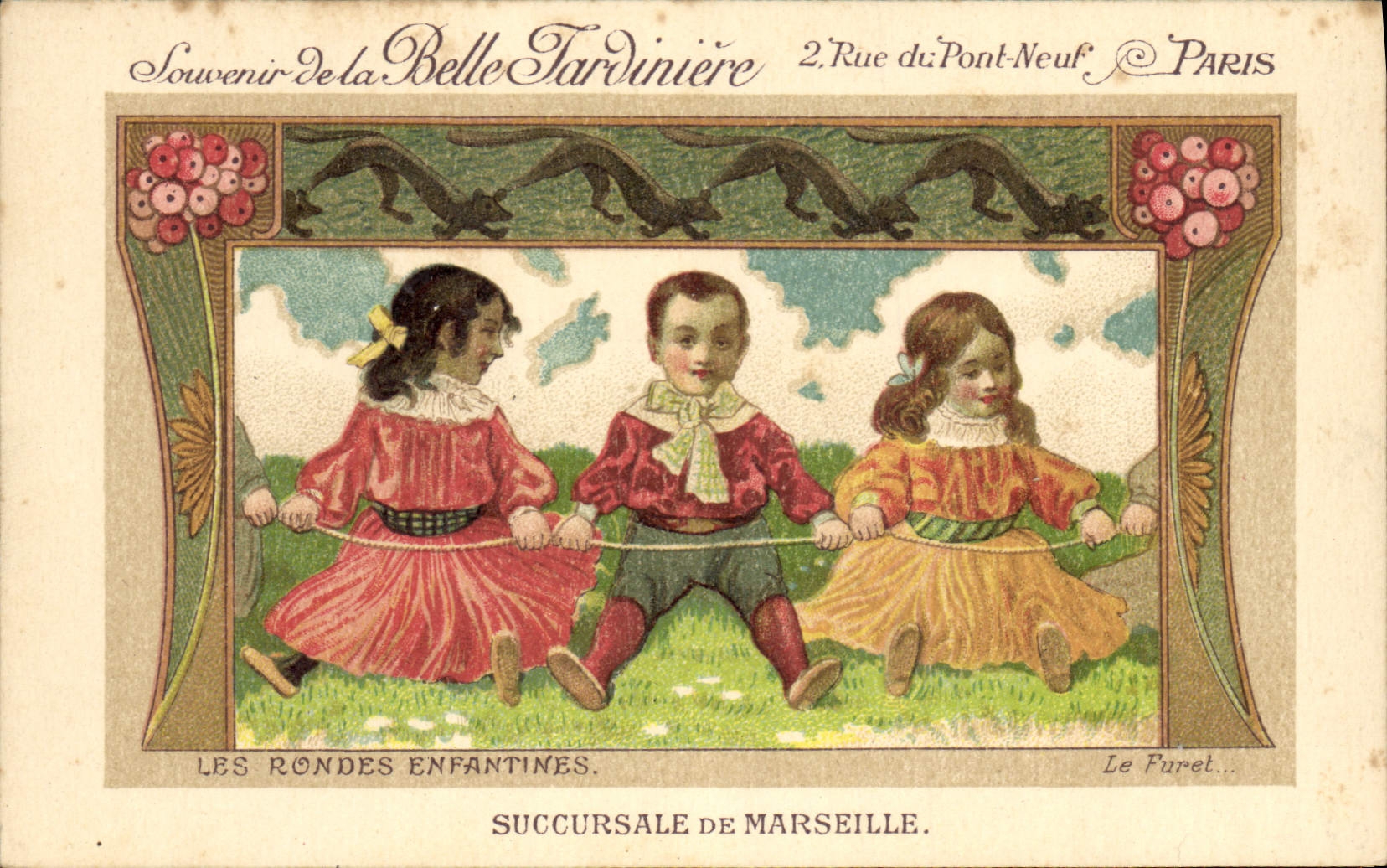 CPA Fantaisie Illustrateur Enfants La Belle Jardiniere Paris Rue du Pont Neuf Les rondes enfantines Le furet
