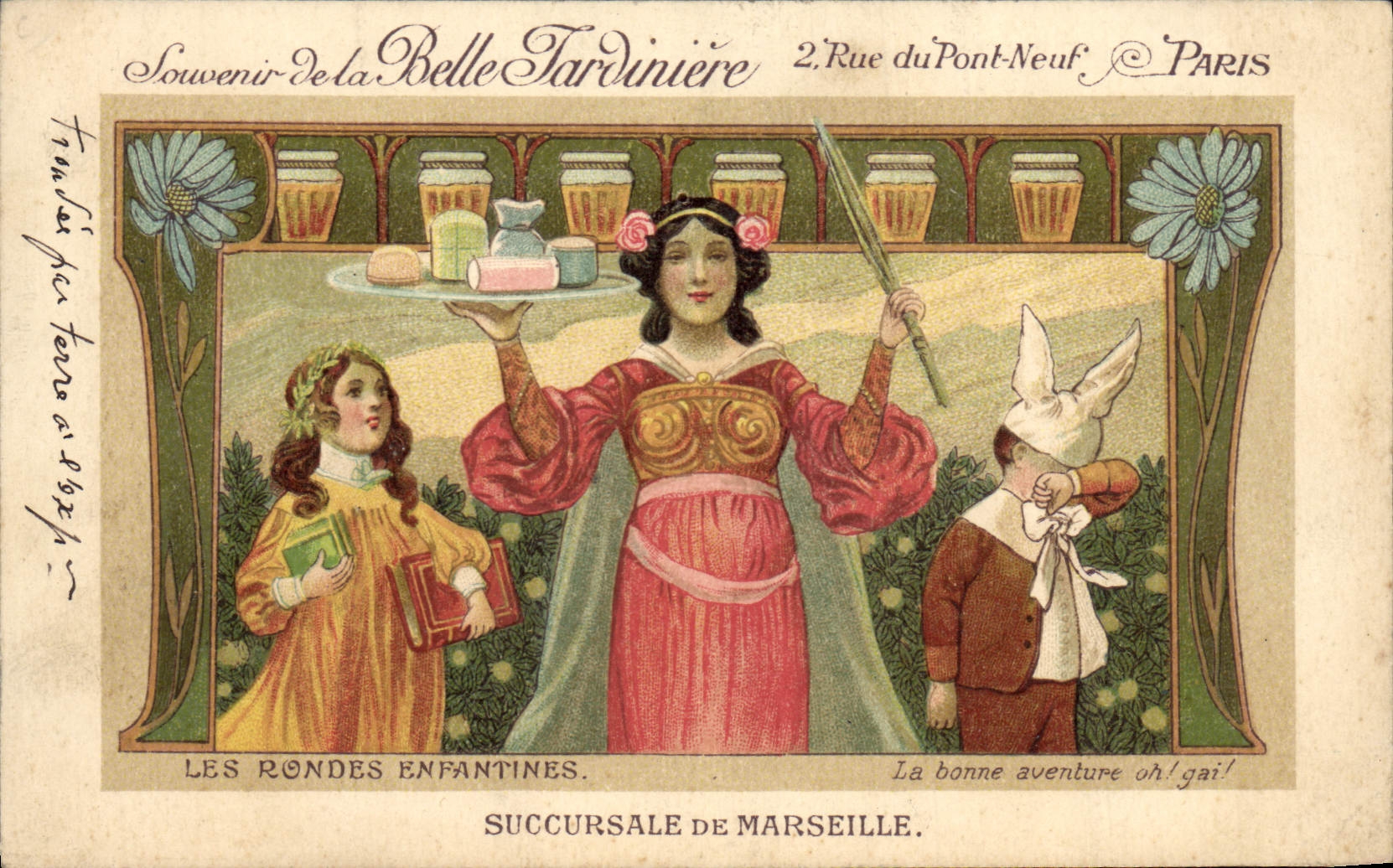 Vintage Postcard Fantasy Illustrator Children the Beautiful Flower stand Paris Street of the New Bridge children's dances the good adventure