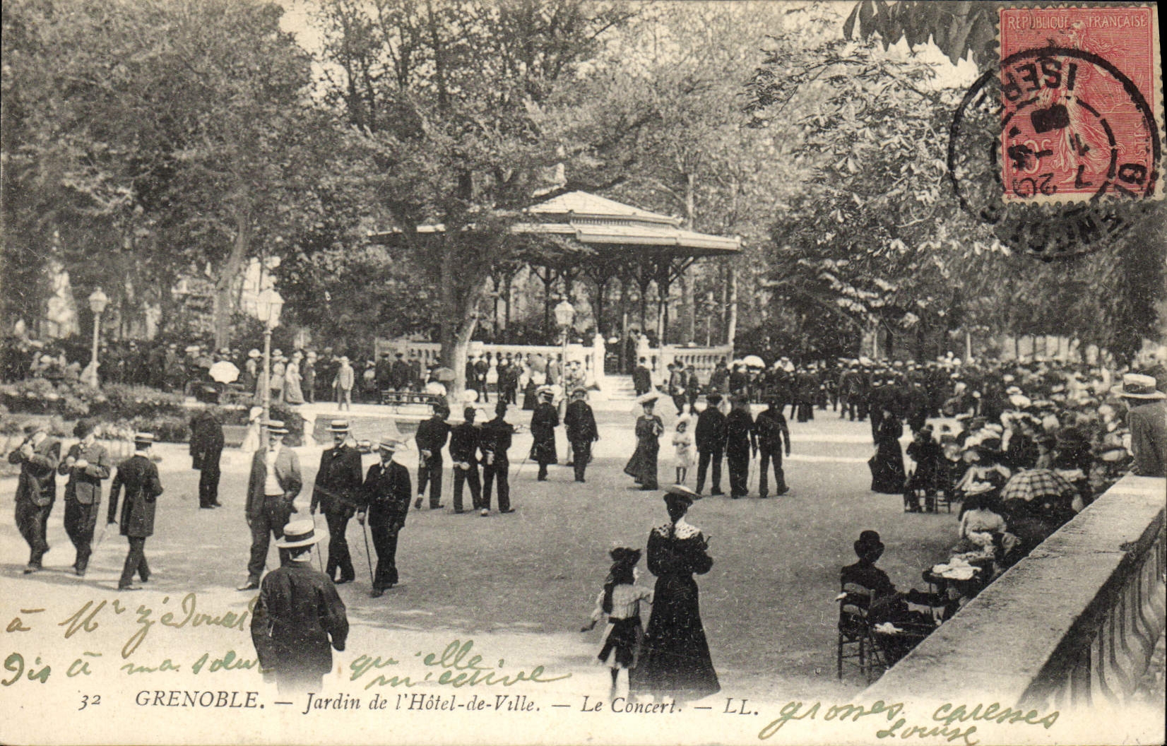 Vintage Postcard Kiosk Grenoble Garden of the Town hall the concert