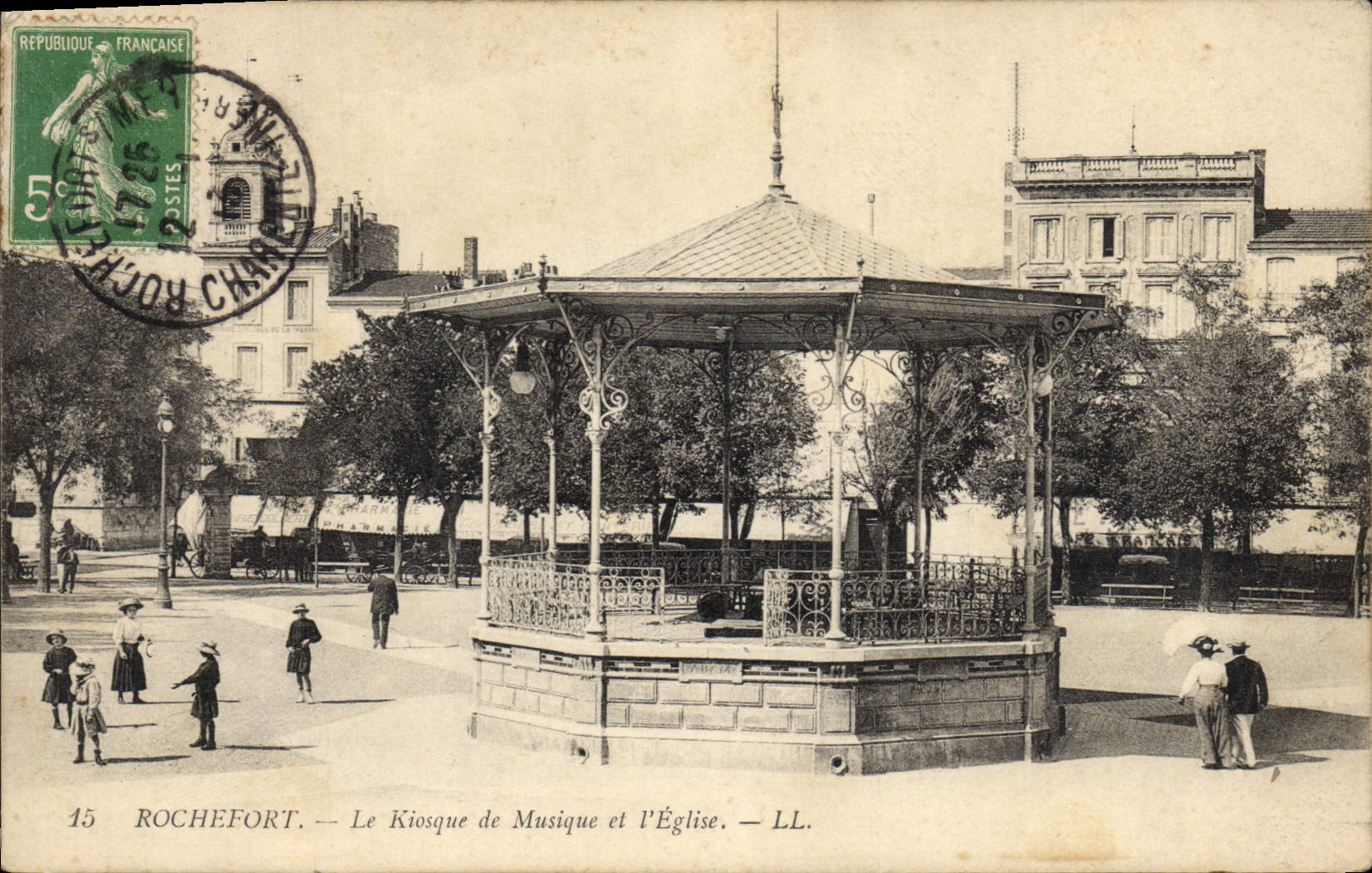 Vintage Postcard Kiosk of music and the Rochefort church