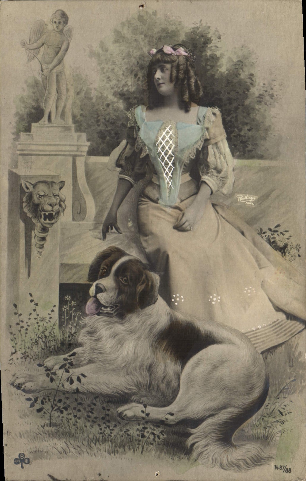 Vintage Postcard Dogs Dog Woman Angel