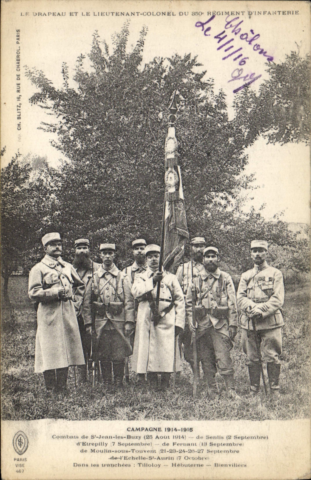 Vintage Postcard Militaria the flag and the lieutenant colonel of the 350eme regiment of infantry