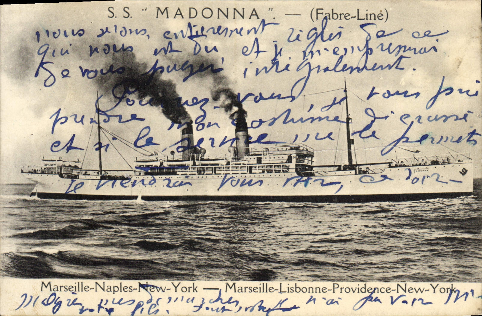 CPA Bateau SS Madonna Marseille Naples New York Marseille Lisbonne Providence New York
