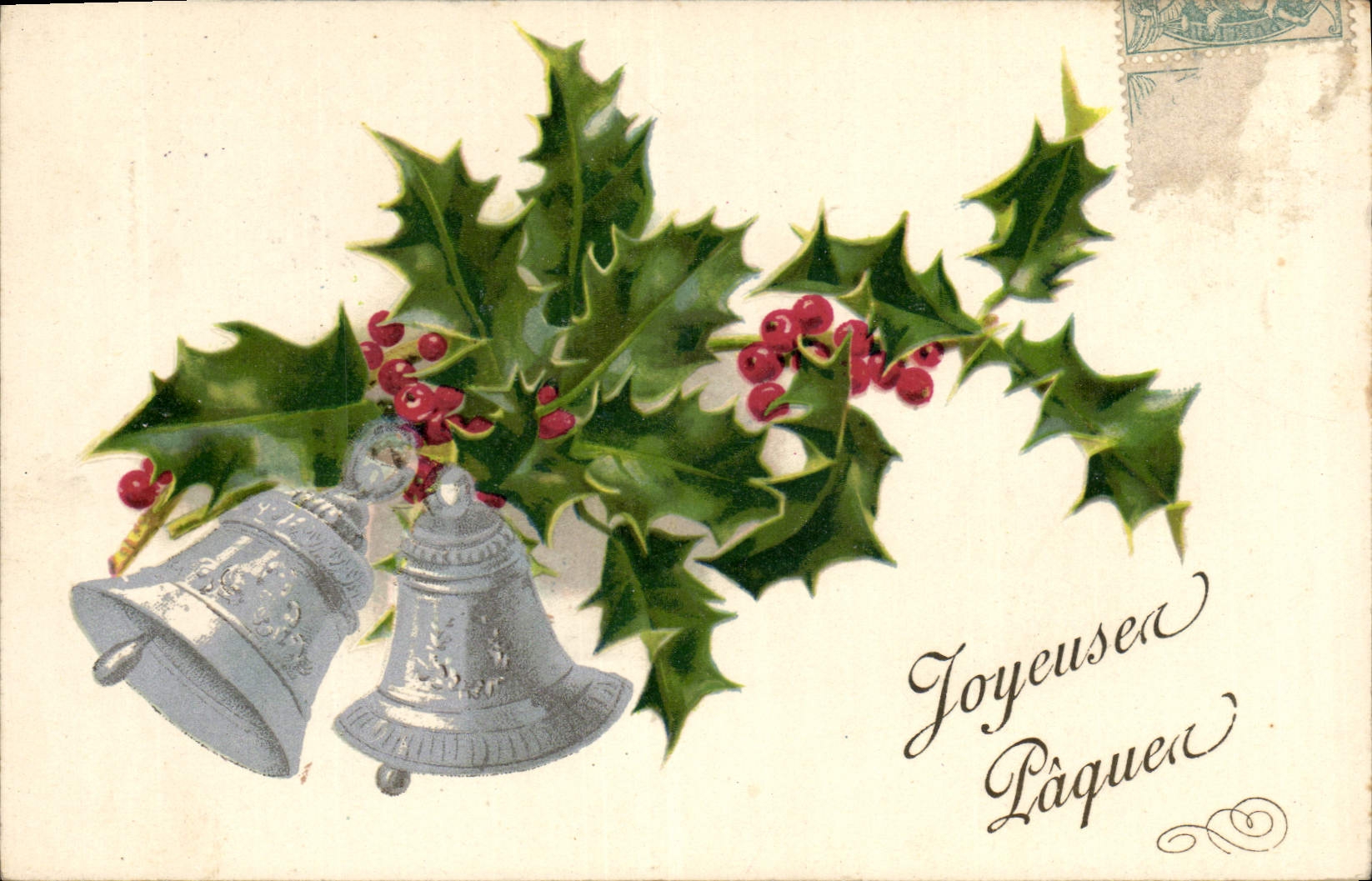 Vintage Postcard Bell Easter Holly