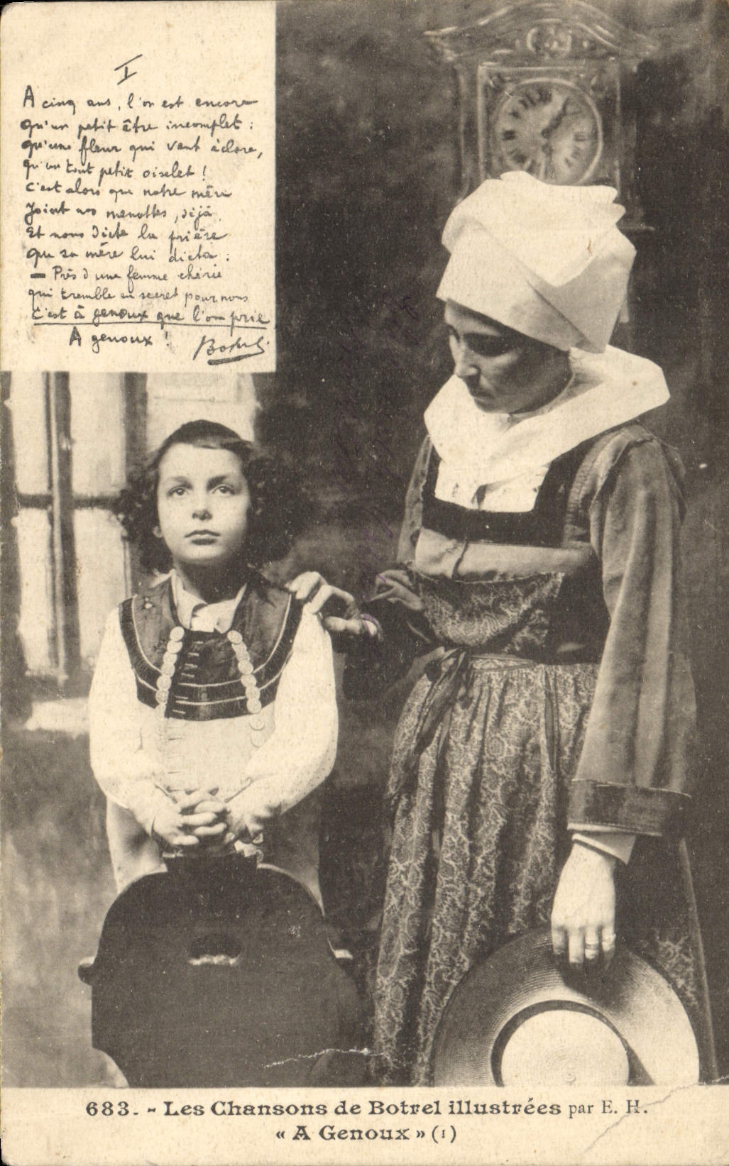 Postal Folclore las canciones de Botrel ilustradas A rodillas Mujer - niño