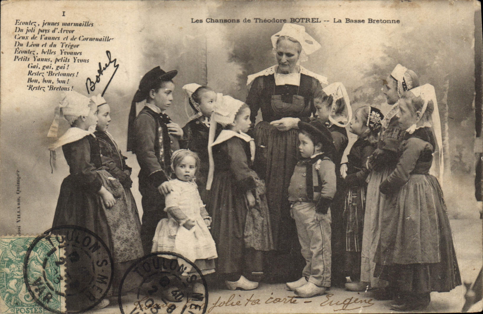 Postal Folclore las canciones de Botrel ilustradas la danza bretona Niños