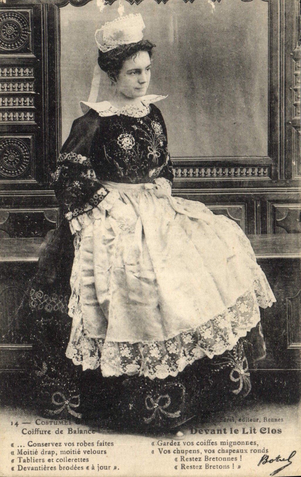 Postal Folclore Botrel ante la cama cerrada