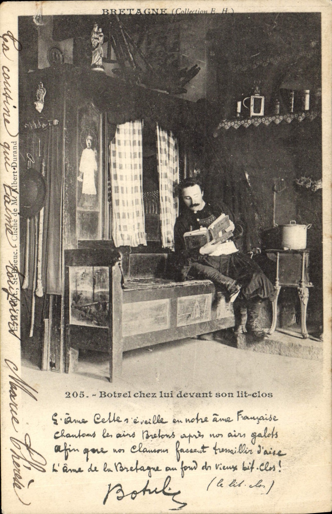 Postal Folclore Bretaña Botrel en él que debe su cama cerrada