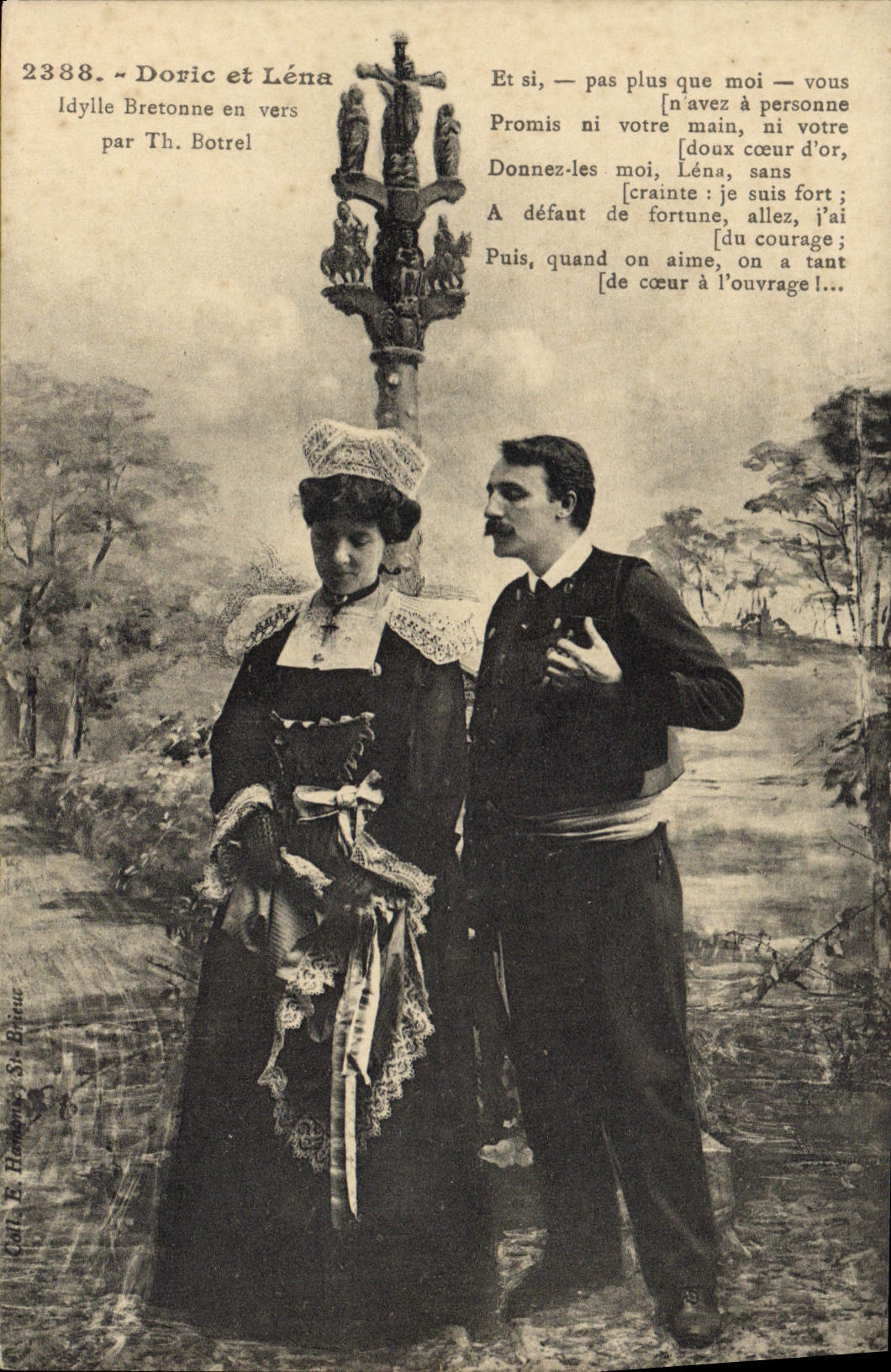 Postal Folclore Doric y lena Idylle bretona en gusanos por Th Botrel