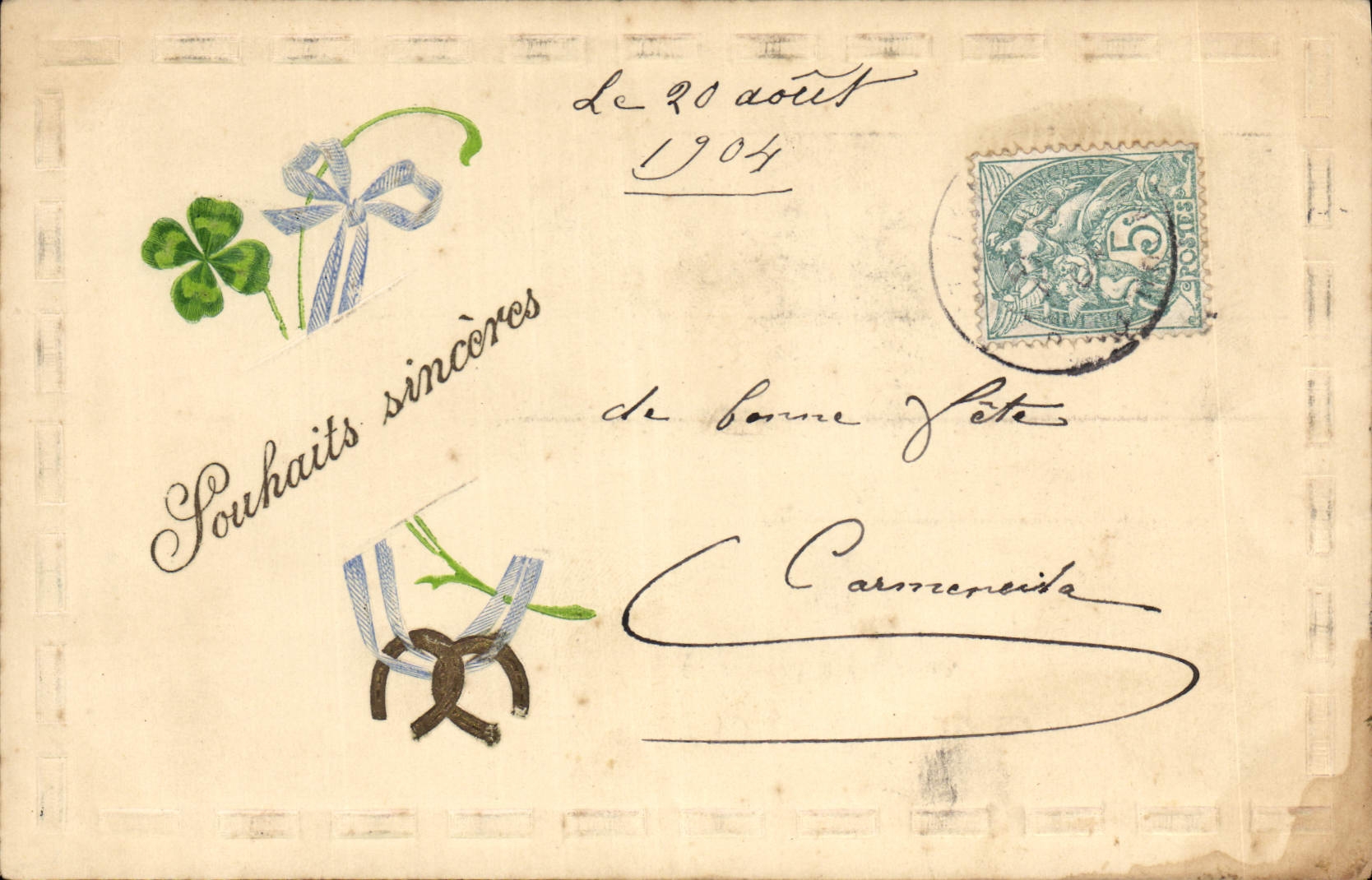 CPA Fantaisie Fleurs Fer a cheval Trefle 