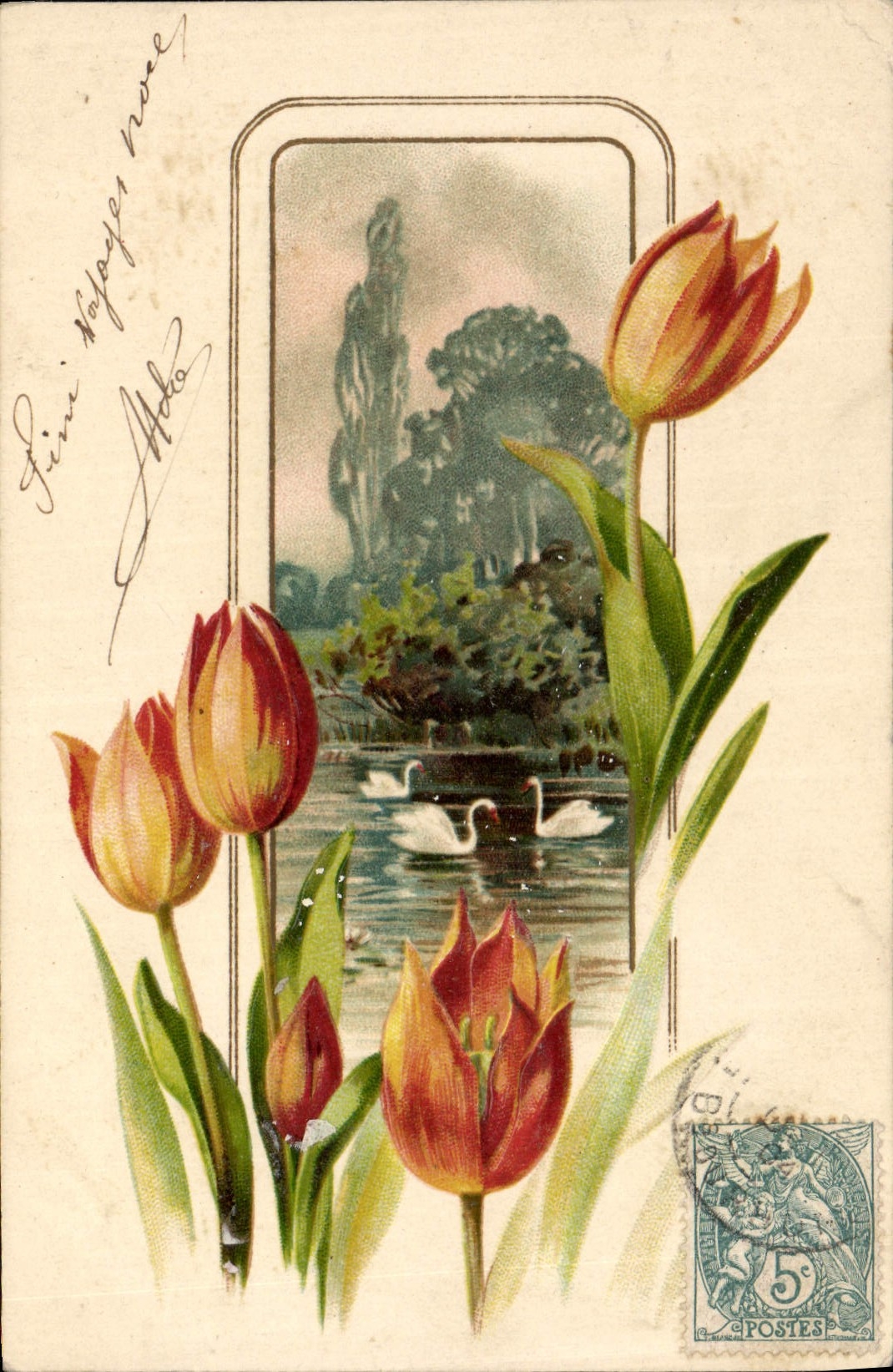 CPA Fantaisie Fleurs Cygnes 