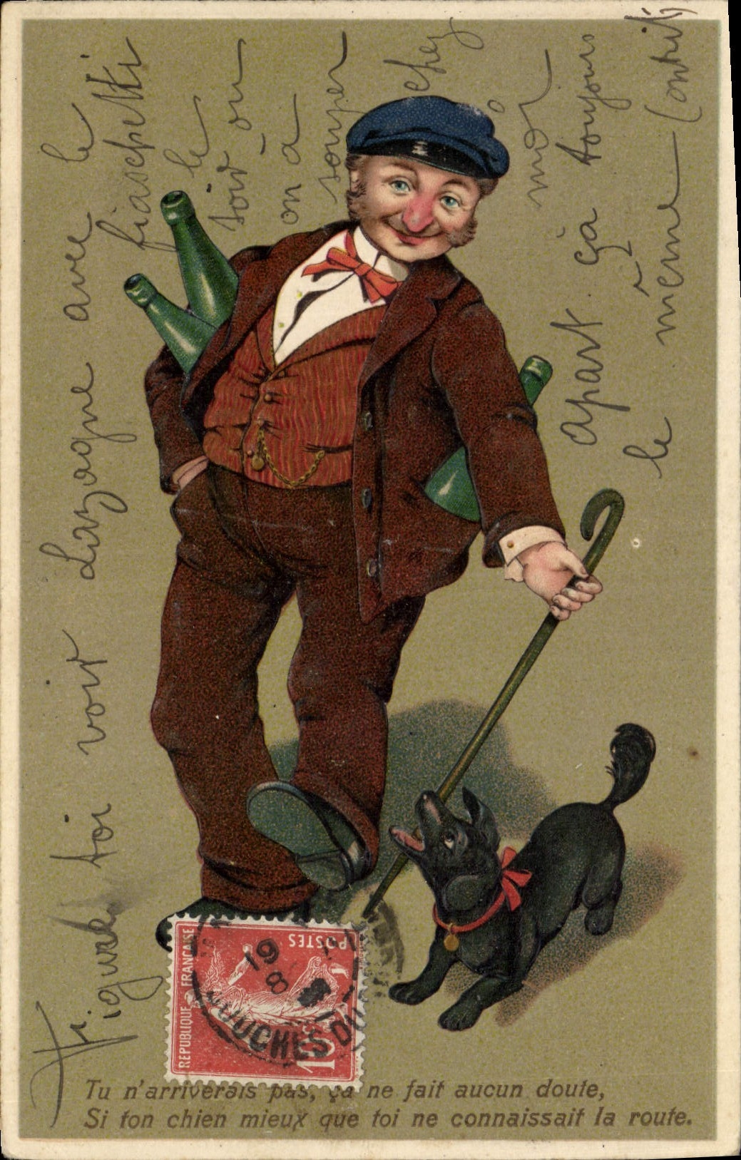 Vintage Postcard Fantasy Flowers Man Dog