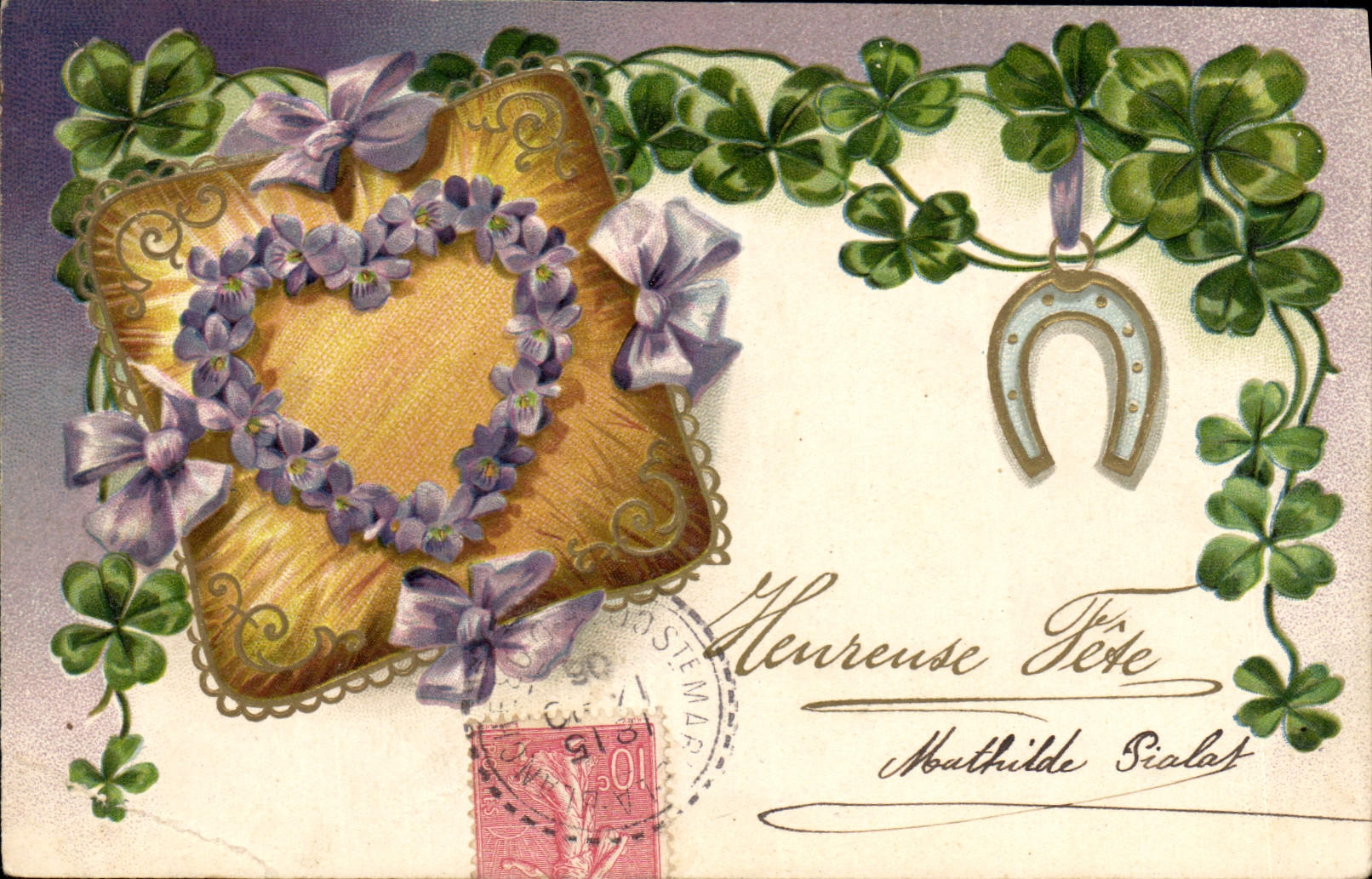 CPA Fantaisie Fleurs Trefles Fer a cheval 