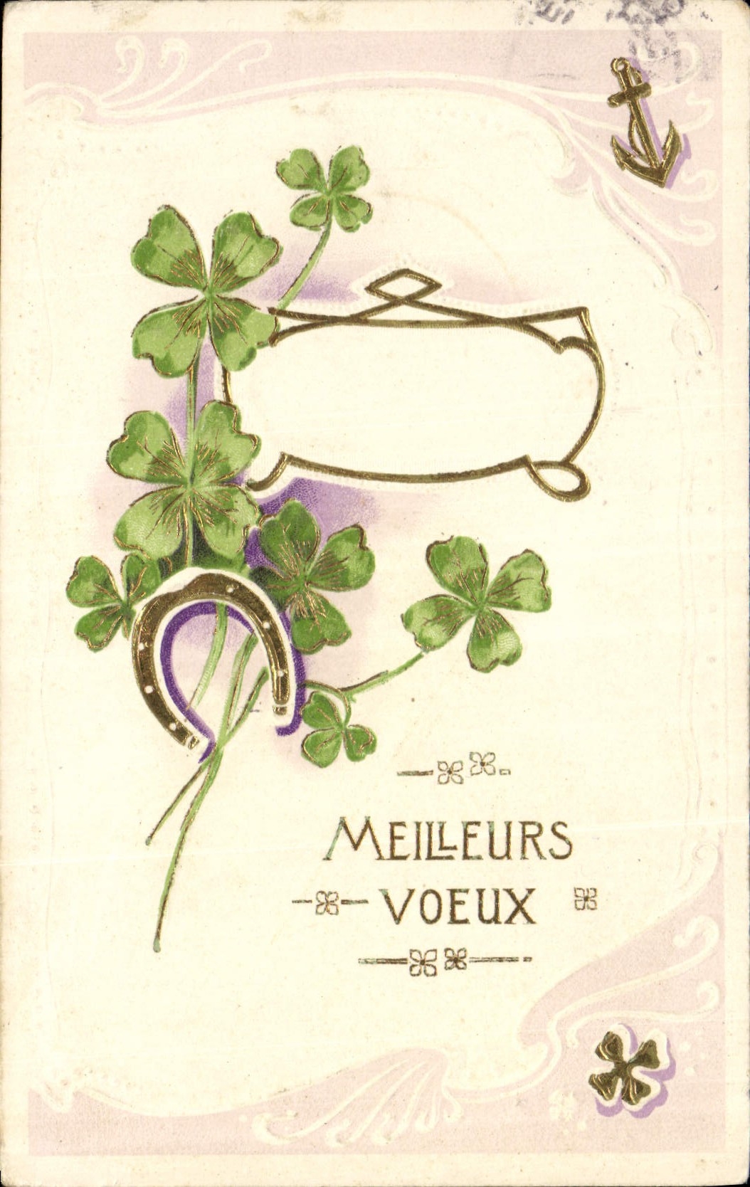CPA Fantaisie Fleurs Trefle Fer a cheval Ancre de marine 