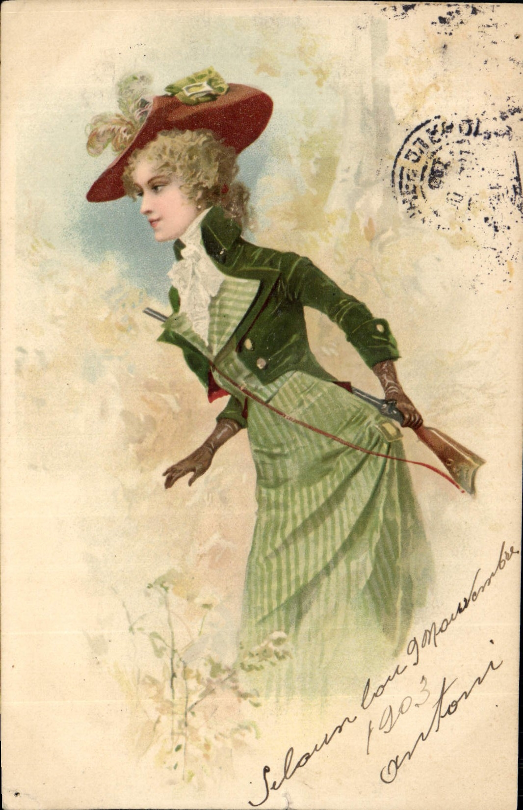 Vintage Postcard Drives out Woman