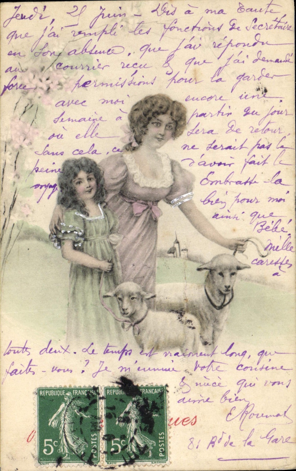 CPA Fantaisie Illustrateur Femme Enfant Mouton