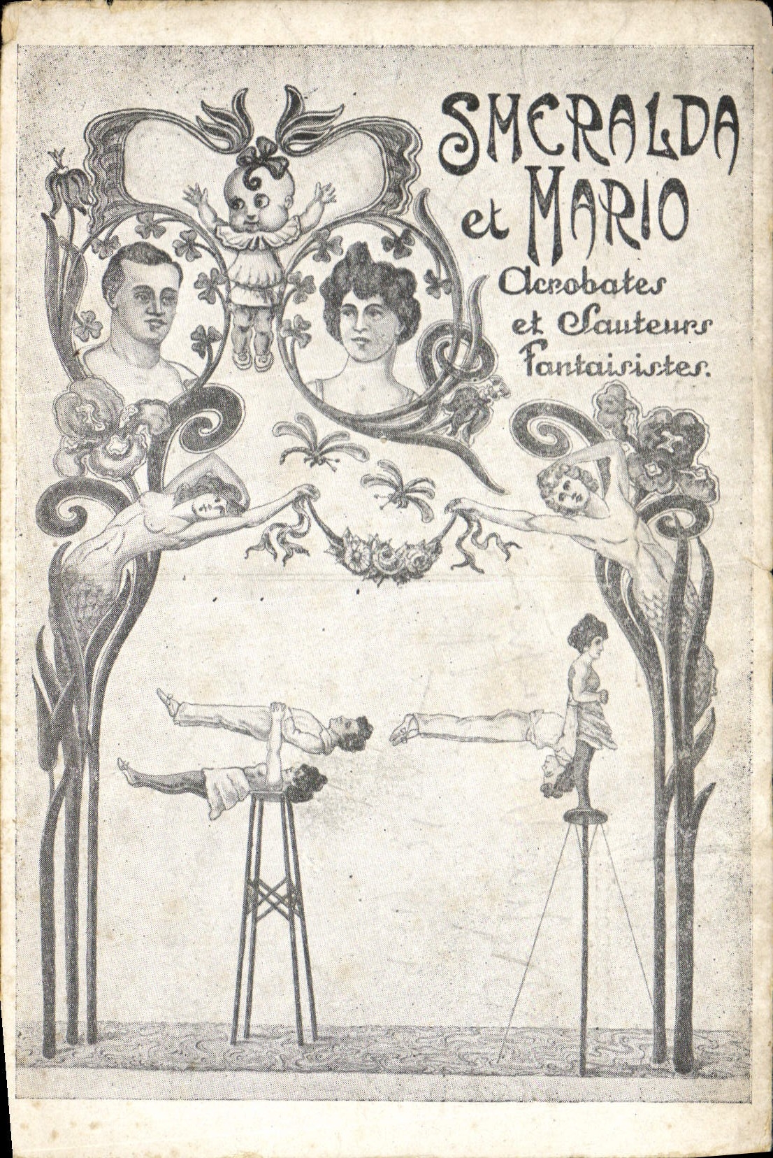 Vintage Postcard whimsical Smeralda and Mario Acrobats and jumpers