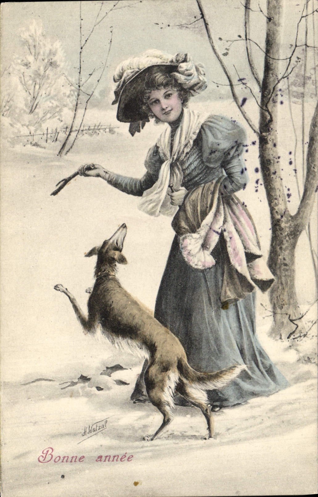 CPA Chien Chiens Femme Levrier 