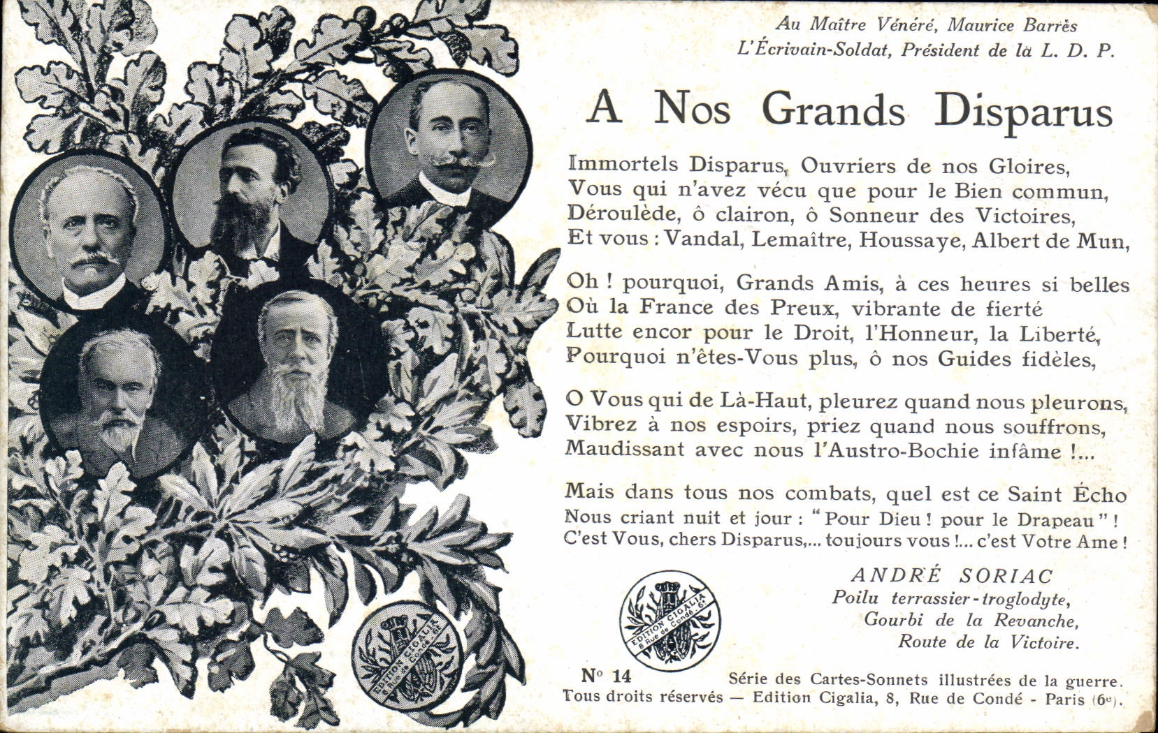 Vintage Postcard Militaria A our large missings Andre Soriac