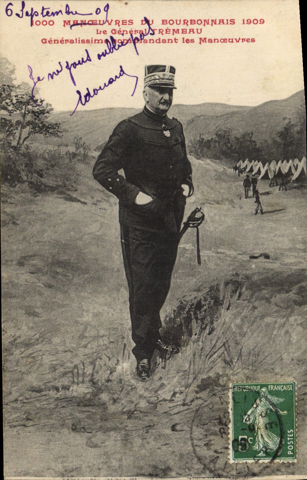 Vintage Postcard Militaria Operations of Bourbonnais 1909 general Tremeau Commander in chief ordering the Operations