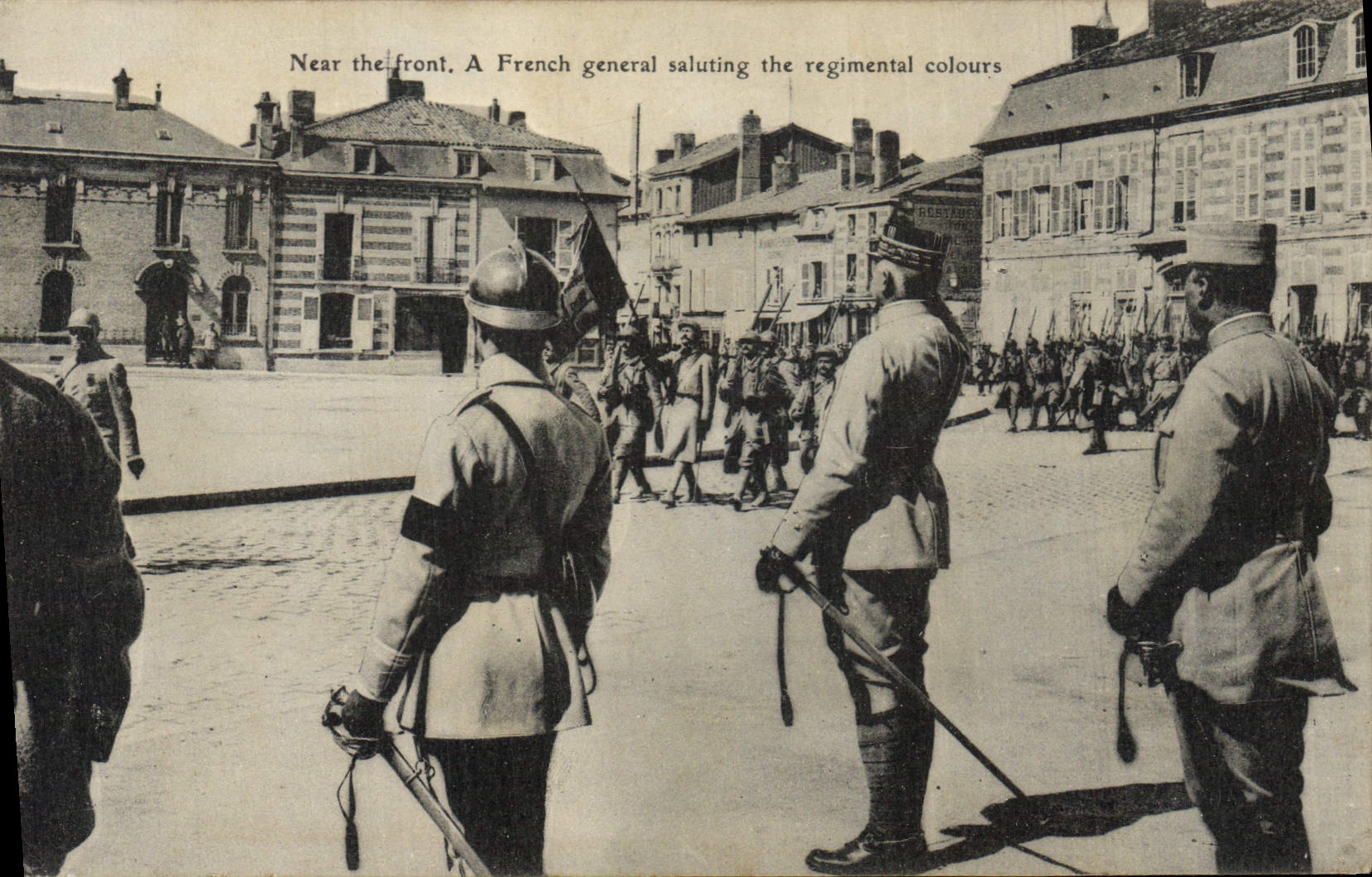 CPA Militaria Near the front A French general saluting the regiment colours 