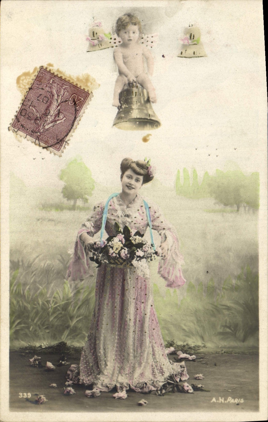 Vintage Postcard Bell Child wife Angel