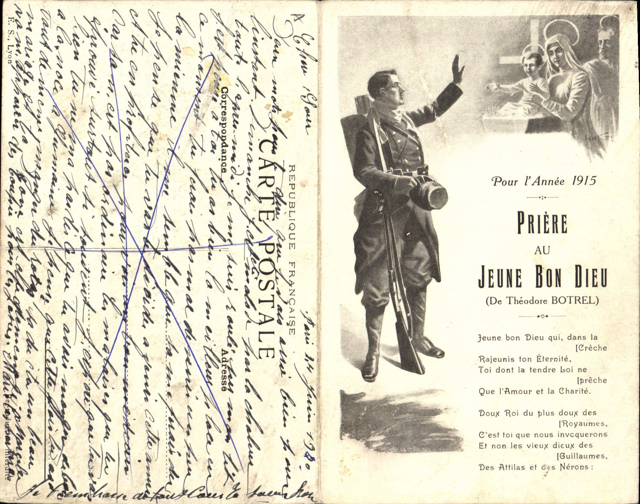 Postal Folclore Botrel Año 1915 de Rezo al joven Buen Dios Militaria