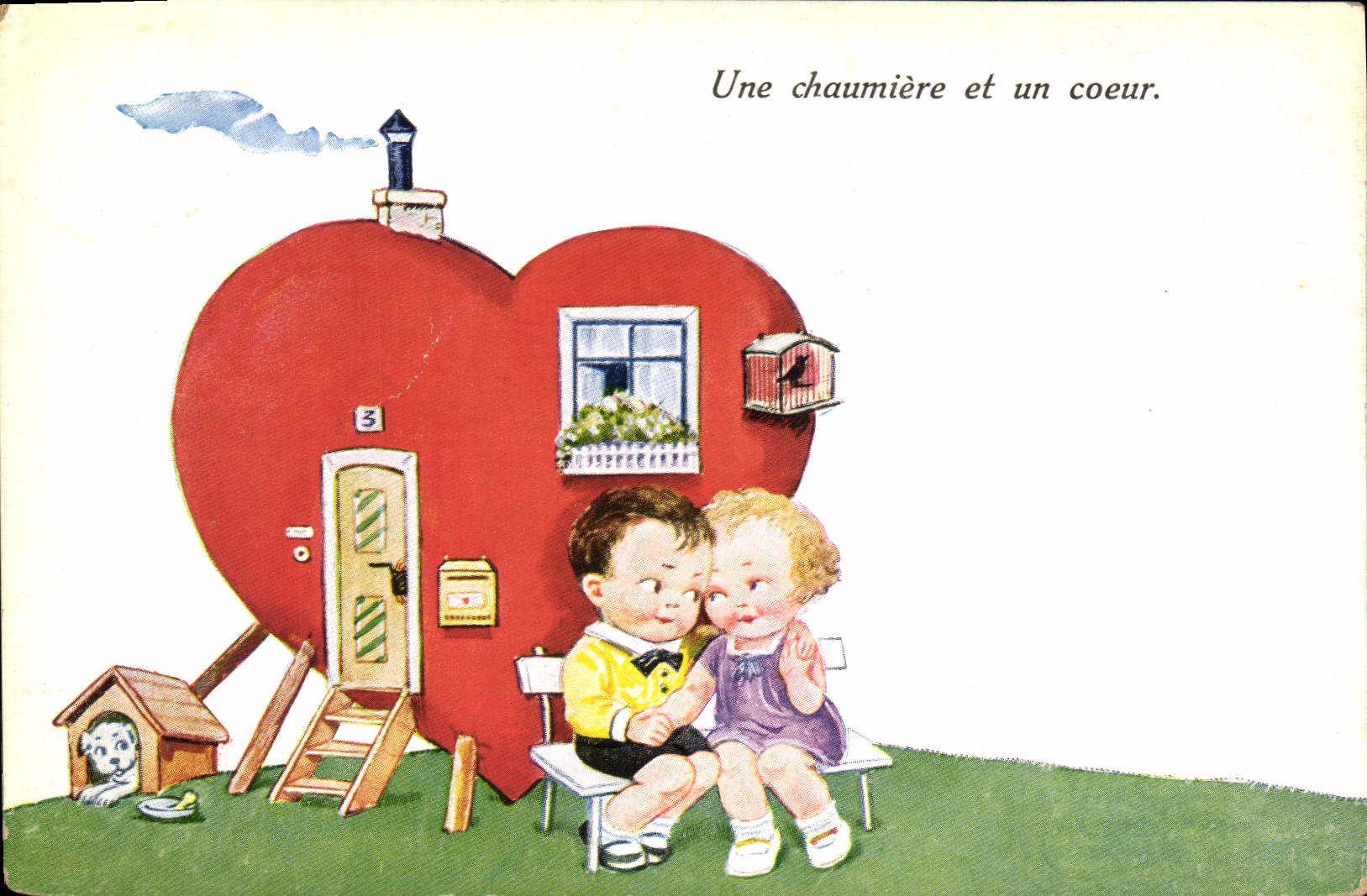 CPA Fantaisie Illustrateur Enfants Une chaumiere et un coeur 