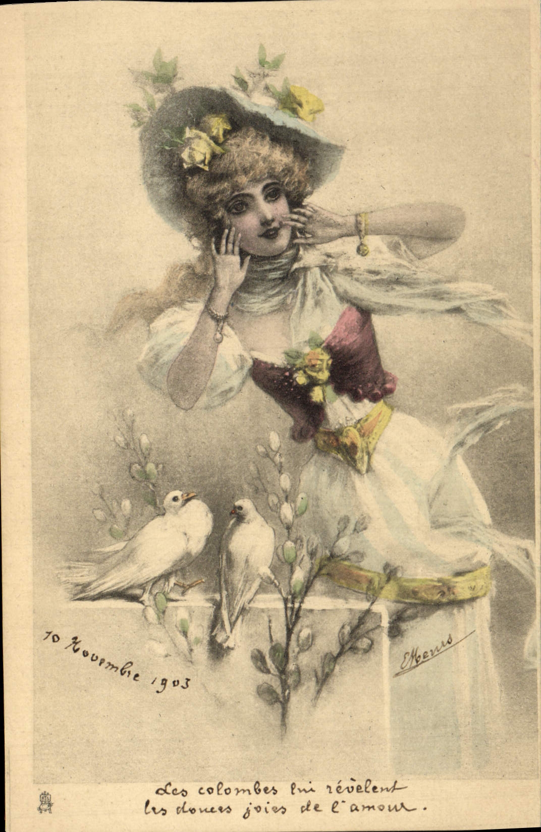 CPA Fantaisie Illustrateur Femme Colombes 