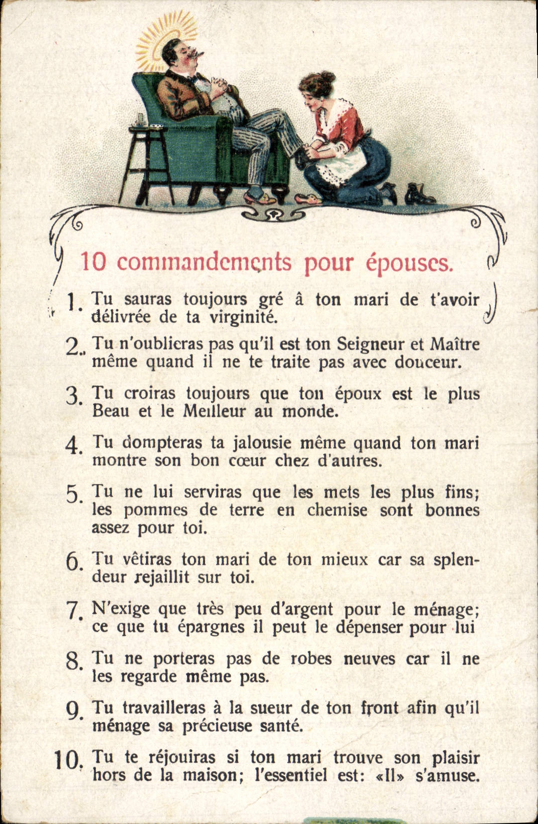 CPA Fantaisie Illustrateur Femme 10 commandements pour epouses 