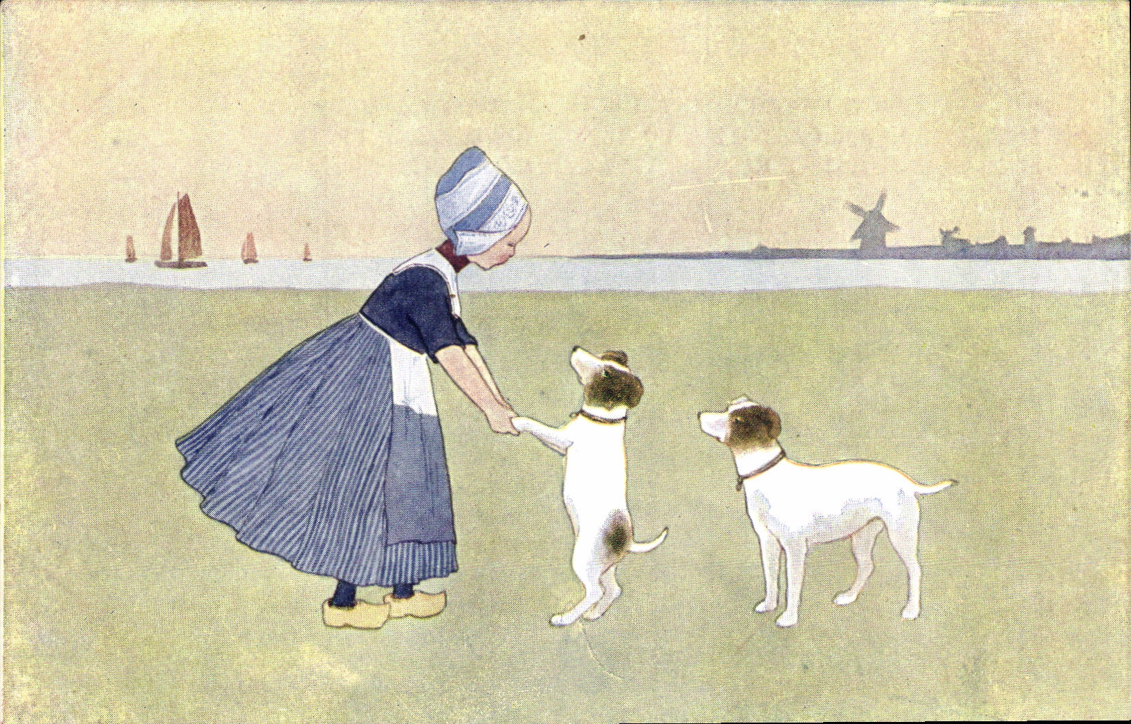 CPA Fantaisie Illustrateur Enfant Moulin a vent Chien Hollande 