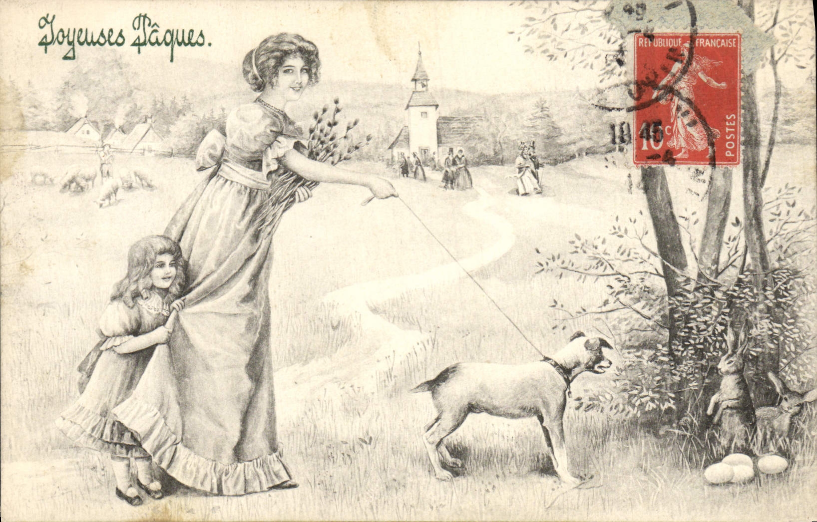 CPA Fantaisie Femme Enfant Chien 