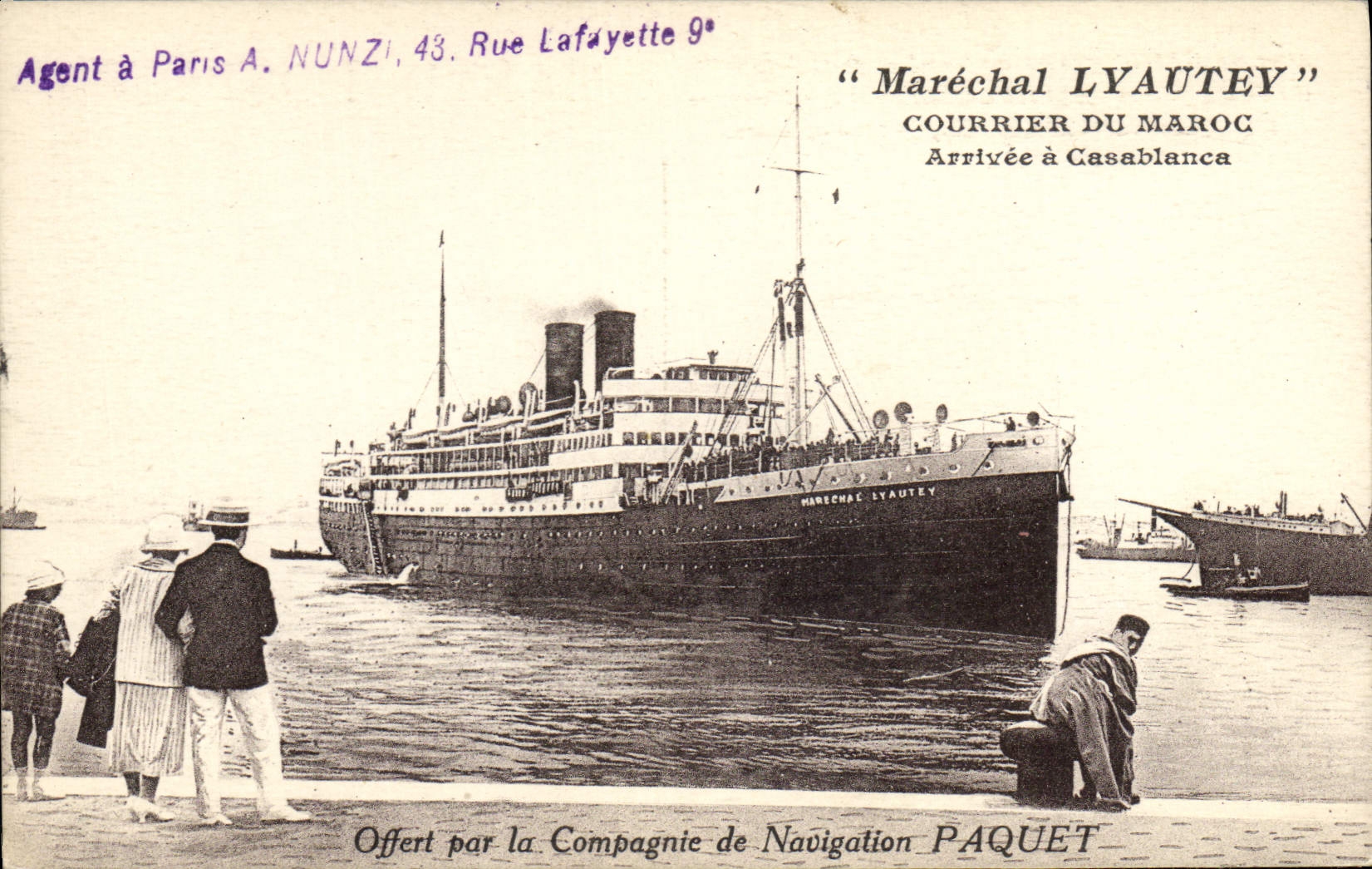 Vintage Postcard Bateau Marshal Lyautey Courrier of Morocco Arrivee has Casablanca