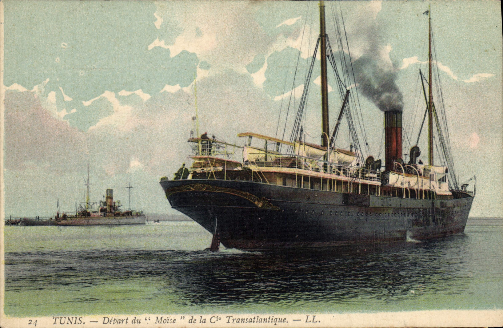 Vintage Postcard Boat Tunis Departure of Brace of the Transatlantic Co