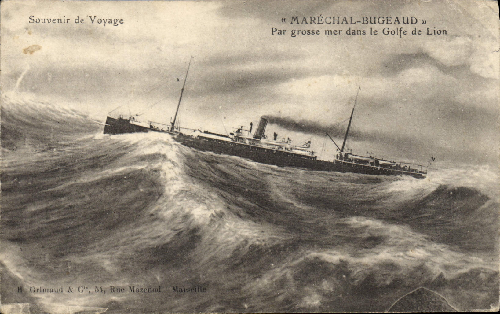 Vintage Postcard Boat Bugeaud Marshal by heavy sea in the Gulf of Lion