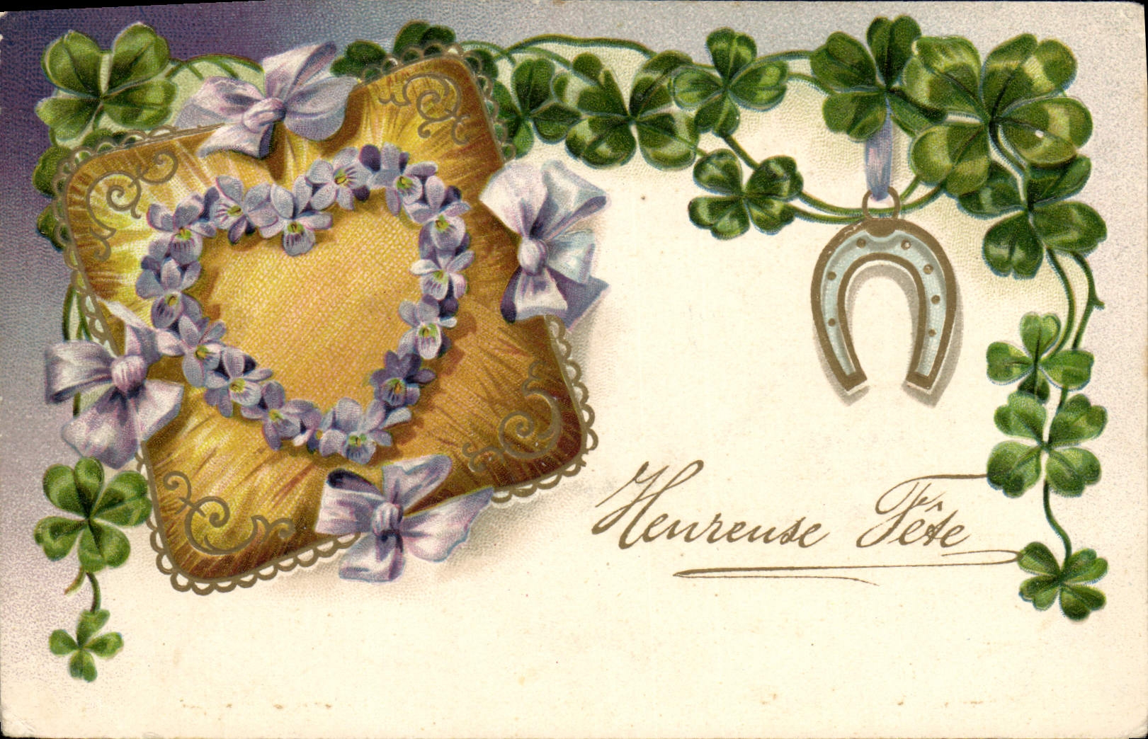 Vintage Postcard Fantaisie Flowers Horseshoe Trefle Heart