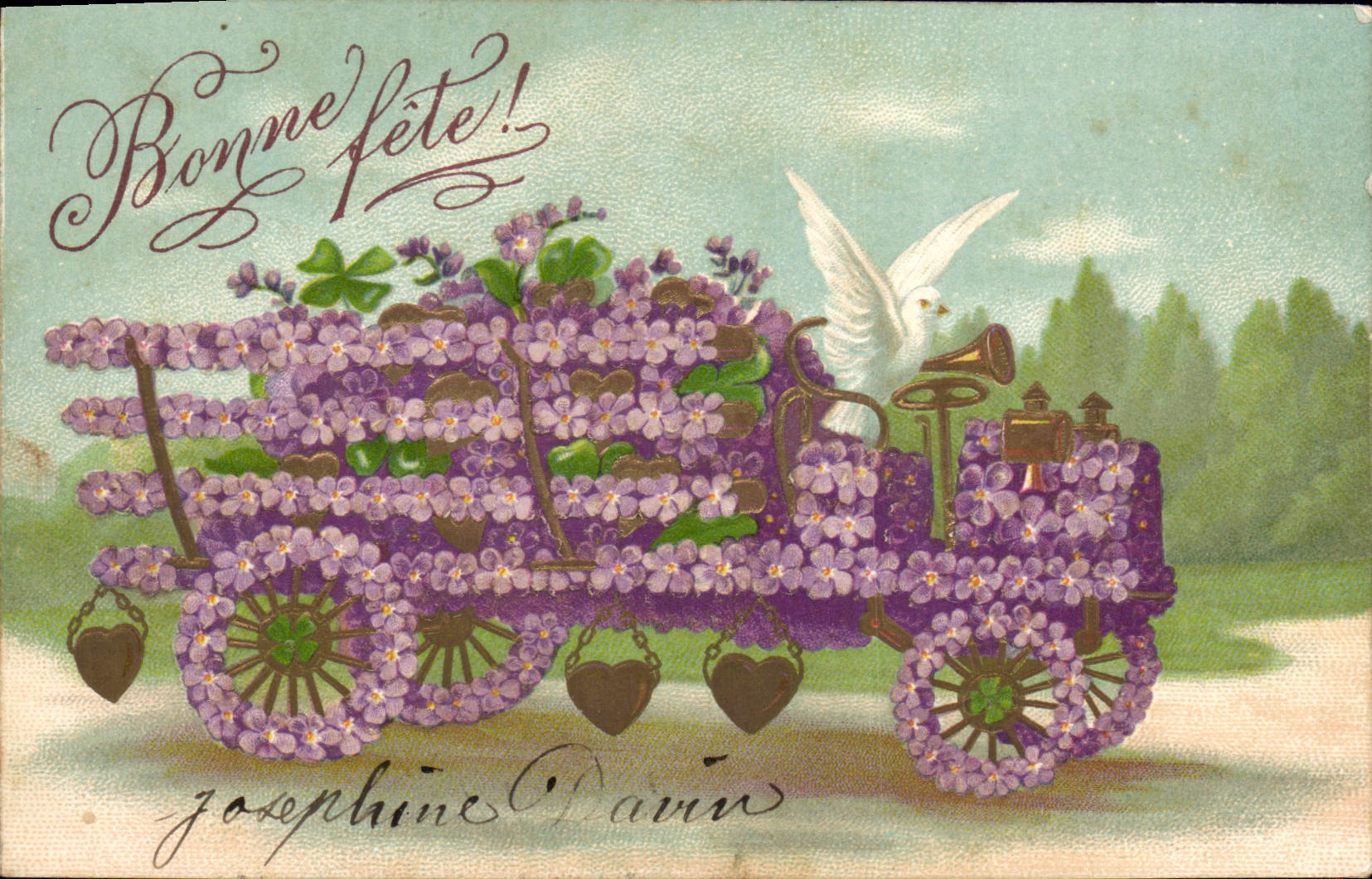 CPA Fantaisie Fleurs Colombe Automobile 