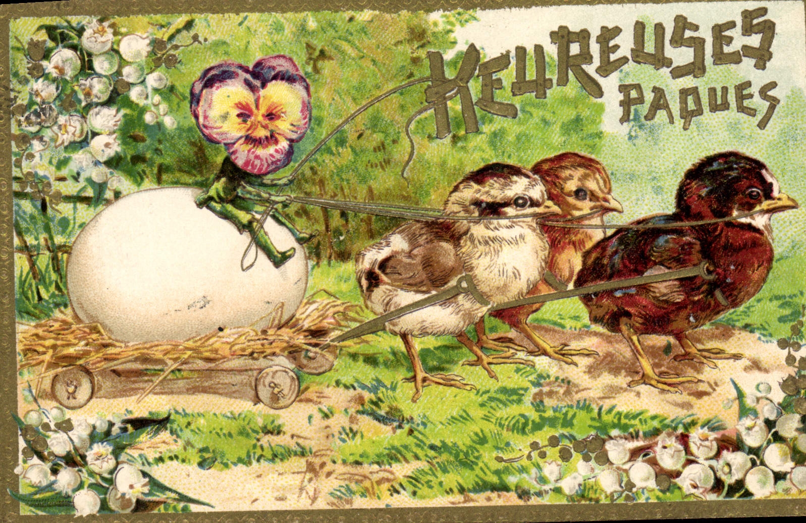 Vintage Postcard Fantasy Flowers Chicks egg