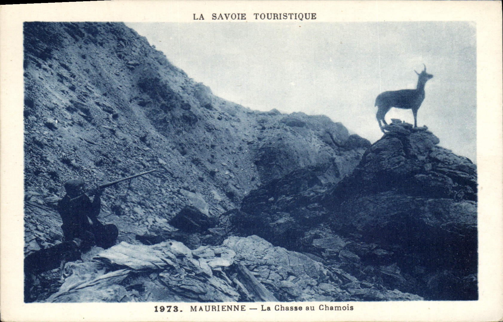 Postal Caza Saboya Maurienne la caza a la Gamuza