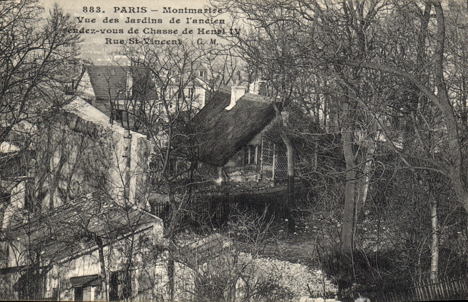 Postal Caza París Montmartre Vista de los jardines del antiguo vuelven de caza de Enrique IV Rue San Vincent